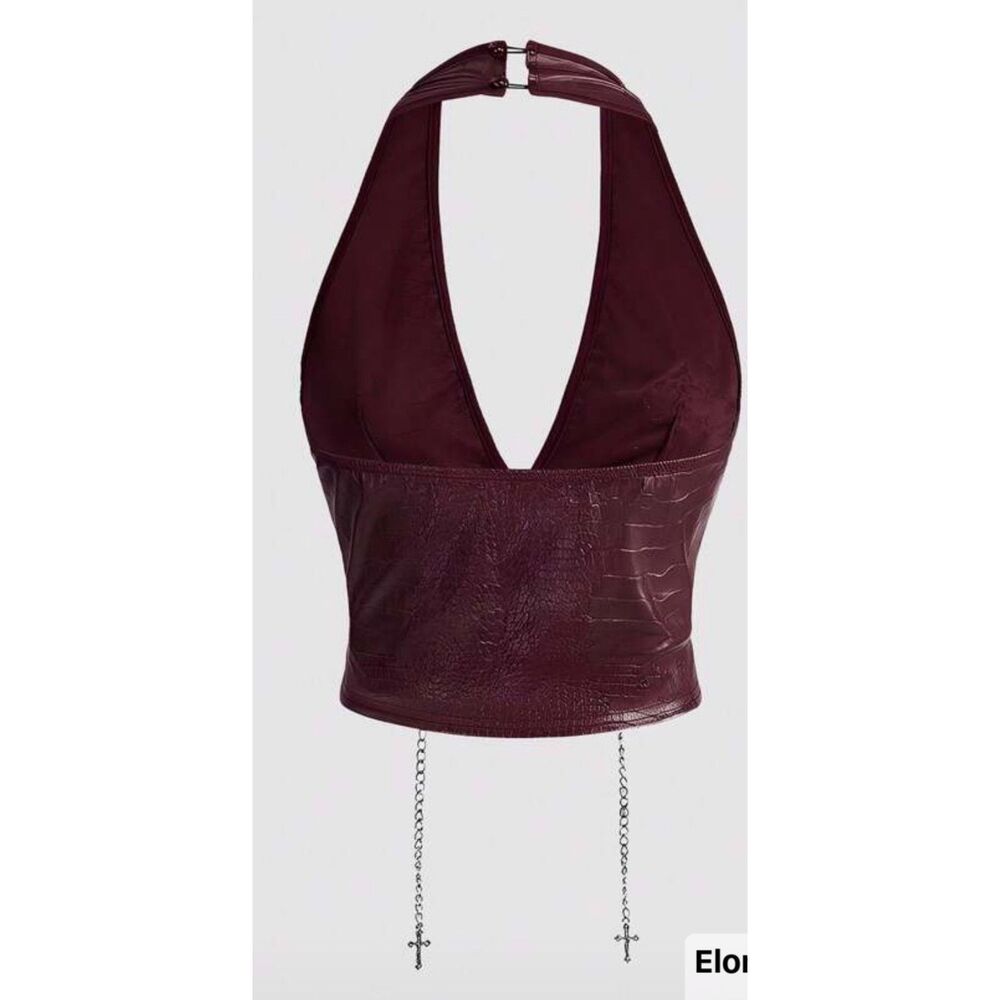 ROMWE Burgundy Faux Leather Rave Set Chain Lace‑Up Halter Top & Shorts Size S - Picture 4 of 8